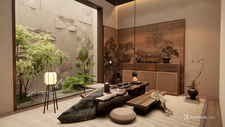 Traditional Tea Room Interior Design With Landscape Painting Screen Green Plants And Stone Tea Table 3d model 