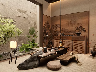 Traditional Tea Room Interior Design With Landscape Painting Screen Green Plants And Stone Tea Table 3d model
