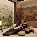 Traditional Tea Room Interior Design With Landscape Painting Screen Green Plants And Stone Tea Table