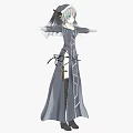 Woman In Gray Long Dress With White Line Decorations And Sword At Waist