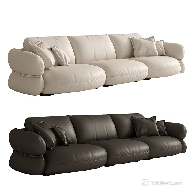 Three Seater Leather Sofa in Beige and Dark Brown with Decorative Cushions 3d model 