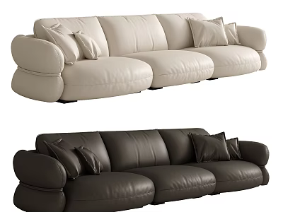 Three Seater Leather Sofa in Beige and Dark Brown with Decorative Cushions 3d model