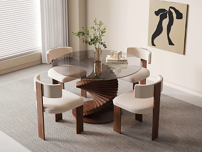 Modern Round Glass Top Table and Chair Set with Spiral Wooden Base and Light Cushions 3d model