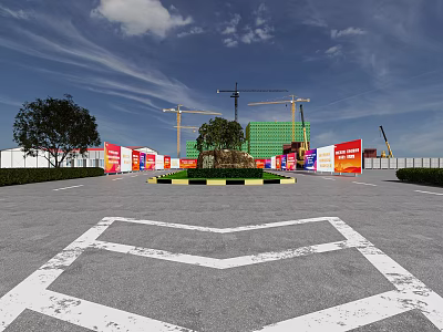 Industrial Factory Construction Site With Cranes Green Facade Red Banners Trees And Parking Area 3d model