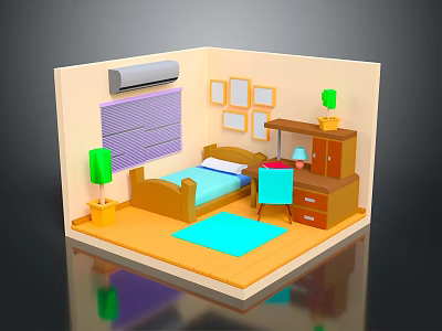 Cartoon Bedroom Scene With Wooden Bed Green Plants Blue Rug Wall Pictures And Air Conditioner 3d model
