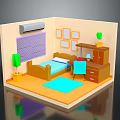 Cartoon Bedroom Scene With Wooden Bed Green Plants Blue Rug Wall Pictures And Air Conditioner