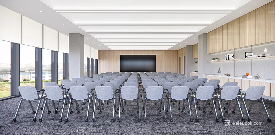 Spacious Conference Room With Arranged Chairs Large Projector Screen Wooden Panels And Large Windows 3d model 
