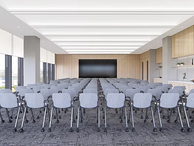 Spacious Conference Room With Arranged Chairs Large Projector Screen Wooden Panels And Large Windows 3d model