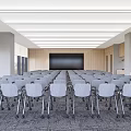Spacious Conference Room With Arranged Chairs Large Projector Screen Wooden Panels And Large Windows