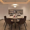 Modern Restaurant Interior With Open Kitchen Round Table Pendant Light And White Cabinets