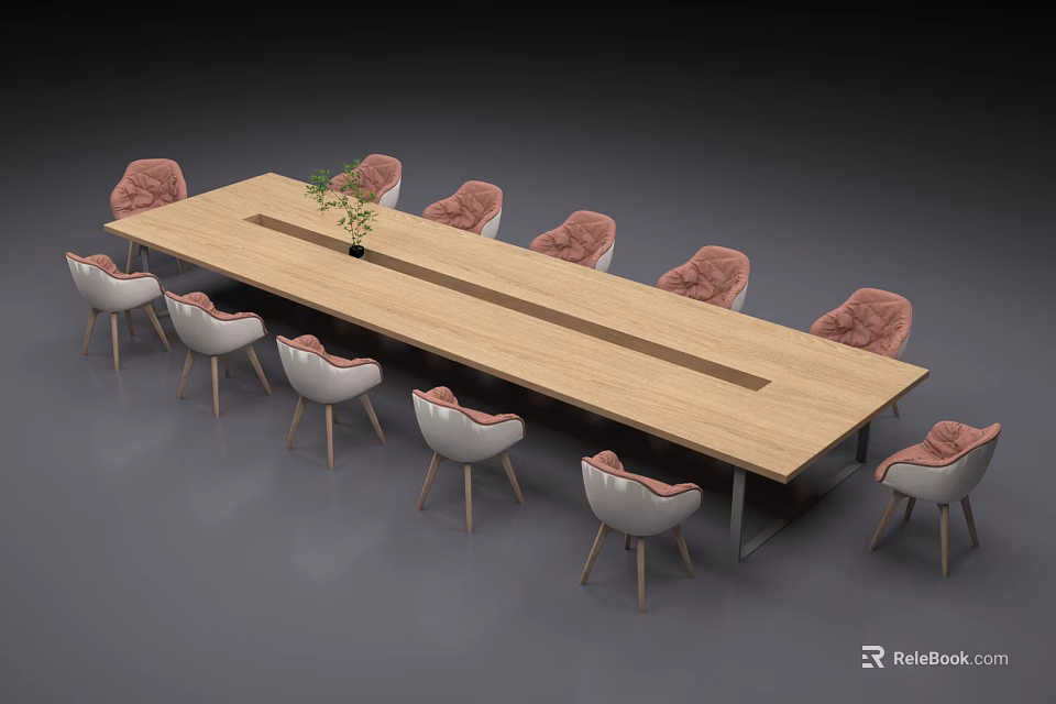 Modern Wooden Conference Table With Central Stripe Pink Upholstered Chairs And Small Green Plant 3d model 