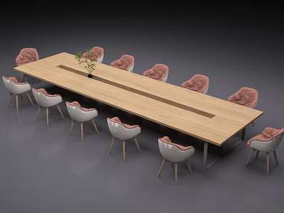 Modern Wooden Conference Table With Central Stripe Pink Upholstered Chairs And Small Green Plant 3d model