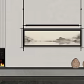 Minimalist Interior With Hanging Landscape Painting Fireplace Fire And Ceramic Statues