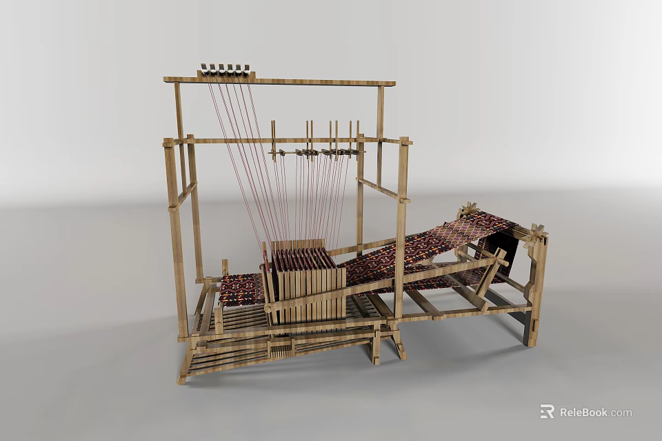 Traditional Wooden Weaving Machine With Wooden Frame As Industrial Equipment For Textile Production 3d model 