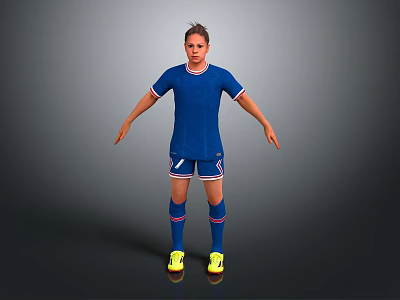 Man in Blue Soccer Jersey and Blue Shorts Standing on Gray Background with Yellow Shoes 3d model