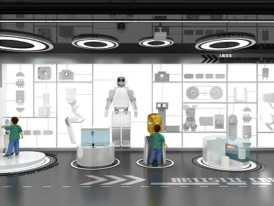 Tech Exhibition Hall Featuring Interactive Robot Displays And Modern Tech Exhibit Stands 3d model