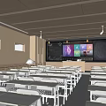 Modern School Classroom Interior With Desks Chairs Blackboard And Windows 3d model
