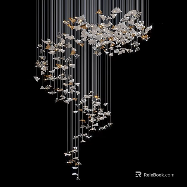 Modern Artistic Chandelier With Hanging Metallic Geometric Pieces In Silver And Gold 3d model 
