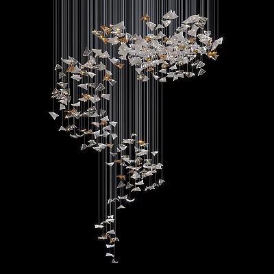 Modern Artistic Chandelier With Hanging Metallic Geometric Pieces In Silver And Gold 3d model
