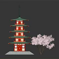 Cartoon Scene Featuring Red Multi tiered Tower With Green Roof And Pink Cherry Blossom Tree