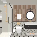 Modern Bathroom Interior With Glass Shower Brass Fixtures Round Mirror And Geometric Floor Tiles
