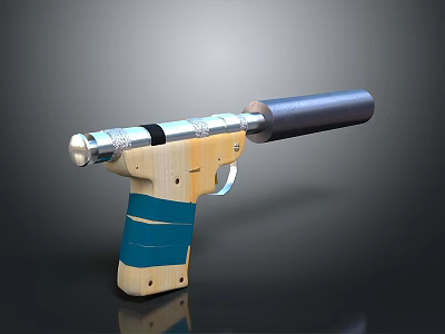 Vintage Wooden Pistol With Blue Stripes Black Barrel And Metallic Components 3d model