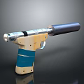 Vintage Wooden Pistol With Blue Stripes Black Barrel And Metallic Components