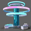 Futuristic Exhibition Design Display With Circular Glowing Rings Blue Pillar And Platforms