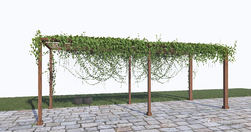 Wooden Pergola with Lush Green Vines Covering Top and Stone Paved Floor in Grass Area 3d model 