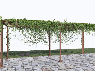 Wooden Pergola with Lush Green Vines Covering Top and Stone Paved Floor in Grass Area 3d model