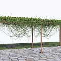 Wooden Pergola with Lush Green Vines Covering Top and Stone Paved Floor in Grass Area