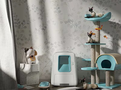 Essential Cat Supplies Including Multi Level Cat Tree Litter Box And Plush Toys 3d model