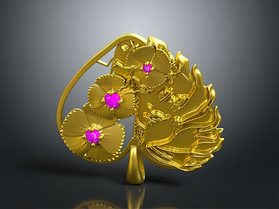 Elegant Golden Brooch With Intricate Leaf And Flower Motifs And Pink Gemstone Centers 3d model