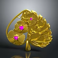 Elegant Golden Brooch With Intricate Leaf And Flower Motifs And Pink Gemstone Centers