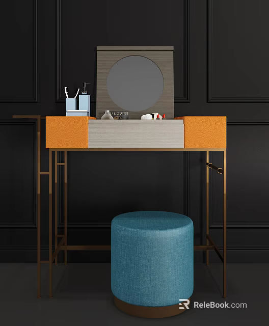 Modern Dressing Table with Orange Gray Cabinets Gold Frame Round Mirror and Blue Stool 3d model