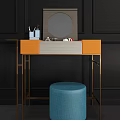 Modern Dressing Table with Orange Gray Cabinets Gold Frame Round Mirror and Blue Stool 3d model