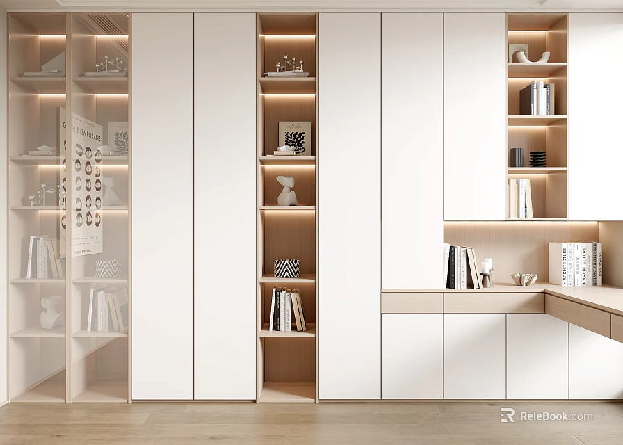 Modern White Bookcase With Built-in Lighting Open And Closed Shelves Holding Books And Decorative Items 3d model 