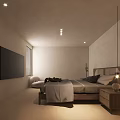 Minimalist Modern Hotel Guest Room With Bed Nightstand Table Lamp Wall Painting And Potted Plant