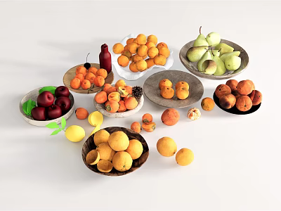 Vibrant Fresh Assorted Fruits Different Types in Colorful Plates and Scattered 3d model