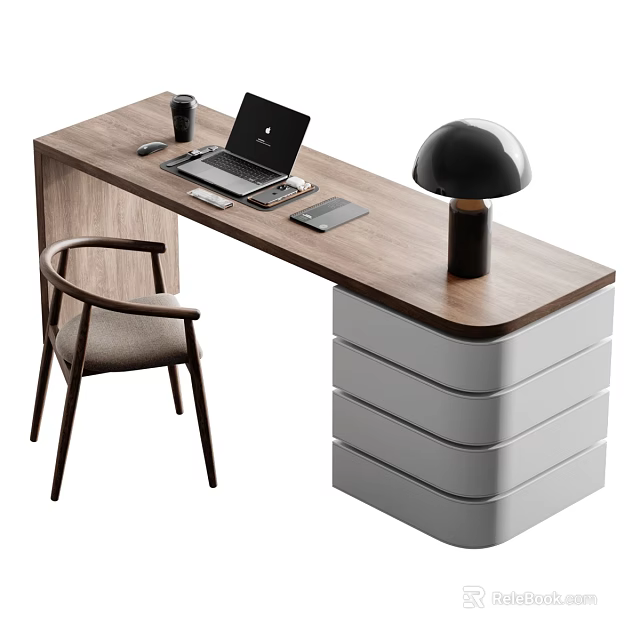 Modern Office Desk with Laptop Coffee Cup Phone Tablet Wooden Top White Drawers and Chair 3d model 