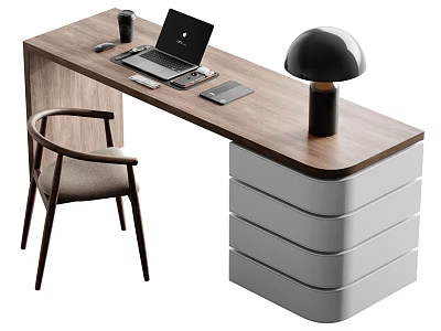 Modern Office Desk with Laptop Coffee Cup Phone Tablet Wooden Top White Drawers and Chair 3d model