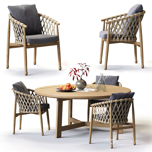 Round Wooden Dining Table Set With Woven Backrest Chairs Gray Cushion And Wooden Legs 3d model 