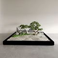 Karesansui Dry Landscape Garden with Raked Sand Patterns Stones and Bonsai Pine Tree