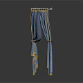 Elegant Blue Curtain With Gold Accents Draped On Decorative Metal Rod