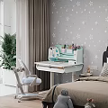 Children's Room Interior With Study Desk Comfortable Chair Star Pattern Wall And Stuffed Toys