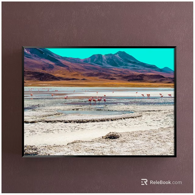Scenic Landscape Painting With Mountains Salt Lake Flamingos And Blue Sky 3d model 