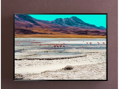 Scenic Landscape Painting With Mountains Salt Lake Flamingos And Blue Sky 3d model