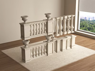 White Decorative Balustrade With Urn Finials In Indoor Room Near Window Green View Wooden Floor 3d model