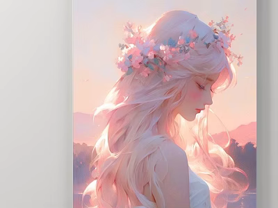 Figure Painting of Young Girl with Long Pink Hair Flower Crown Sunset Glow White Dress 3d model