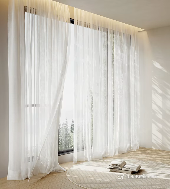 White Sheer Curtains Partially Drawn With Light Filtering Through And Trees Outside Window 3d model 